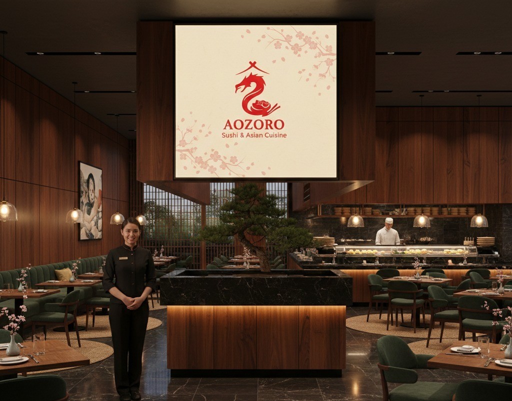 Warm, lantern-lit dining room at Aozoro